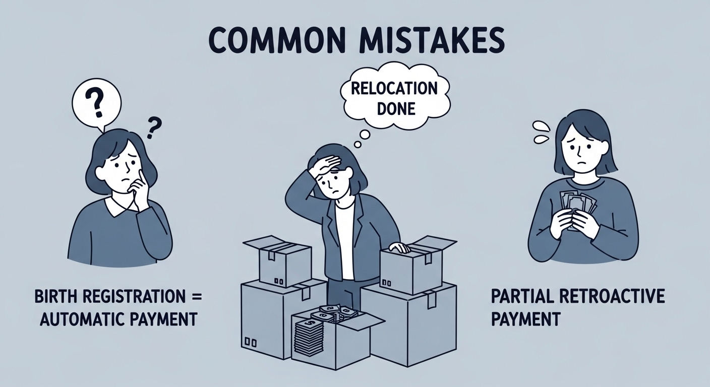아동수당 신청 시 흔히 저지르는 세 가지 실수(출생신고만, 이사 후 재확인 누락, 소급 지급 오해)를 시각적으로 보여주는 그림.