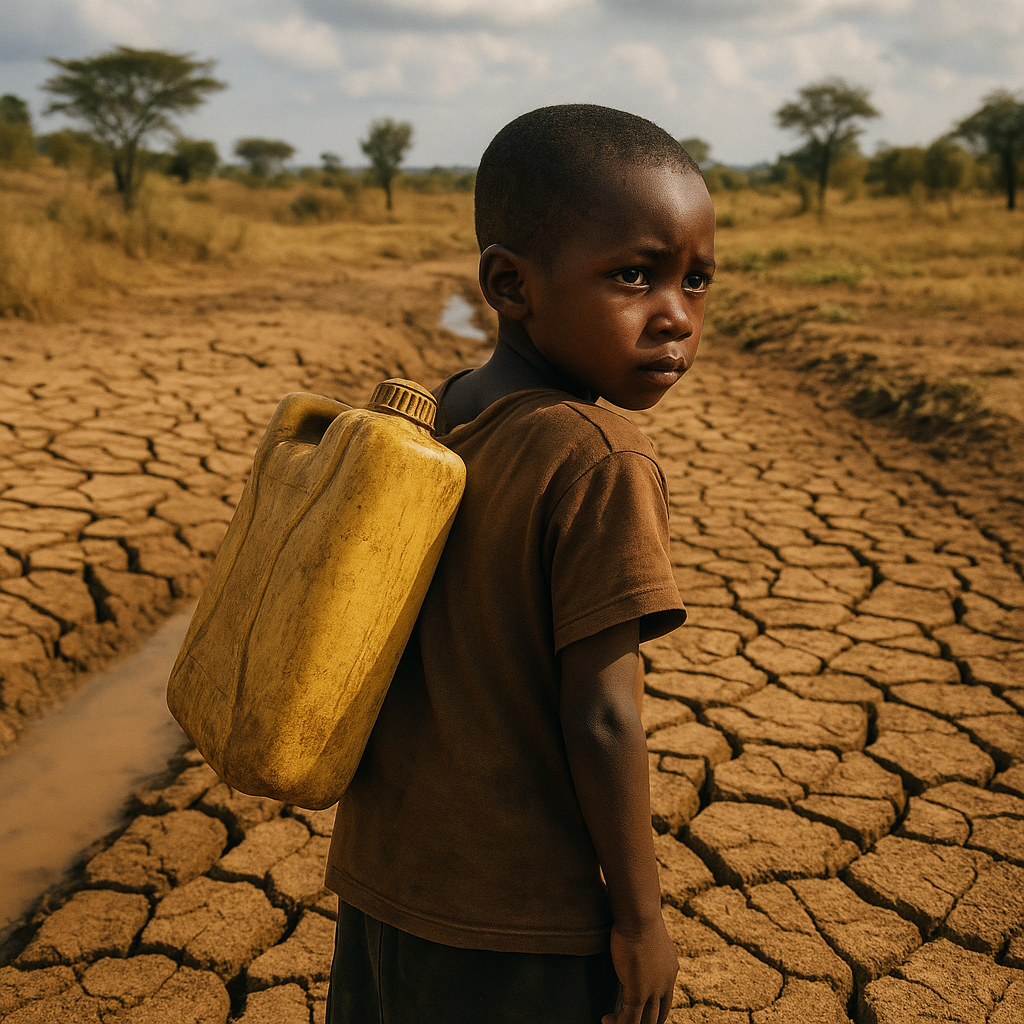 물을 뜨러 물통을 들고 가는 아프리카 어린 소년
