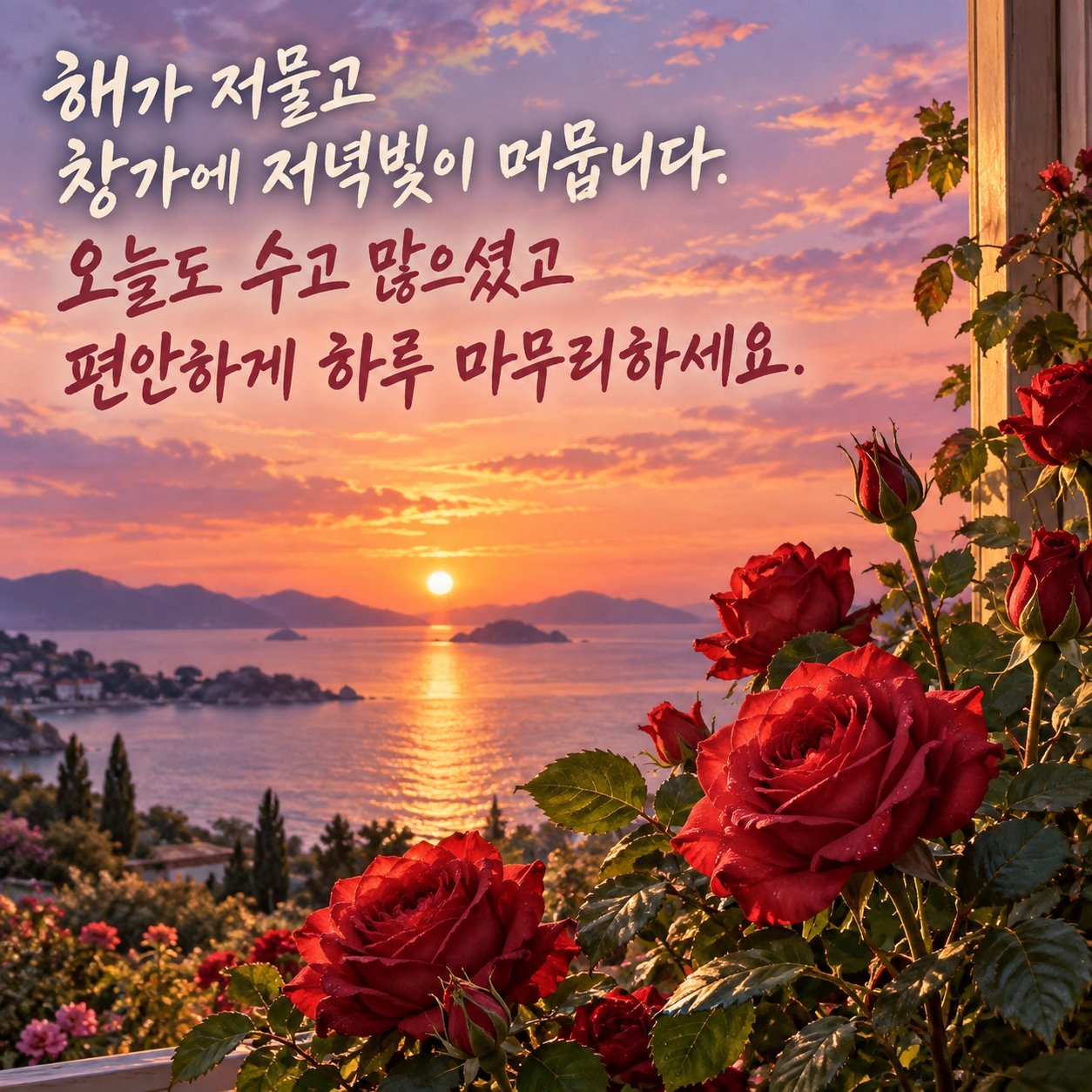 저녁에 보내는 카톡 인사말 이미지 21 — 해가 저물고 창가에 저녁빛이 머뭅니다. 오늘도 수고 많으셨고 편안하게 하루 마무리하세요.