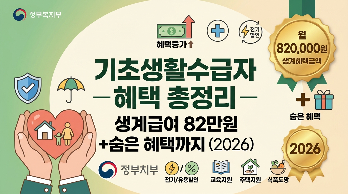 기초생활수급자 혜택 총정리 — 생계급여 82만원+숨은 혜택까지 (2026)