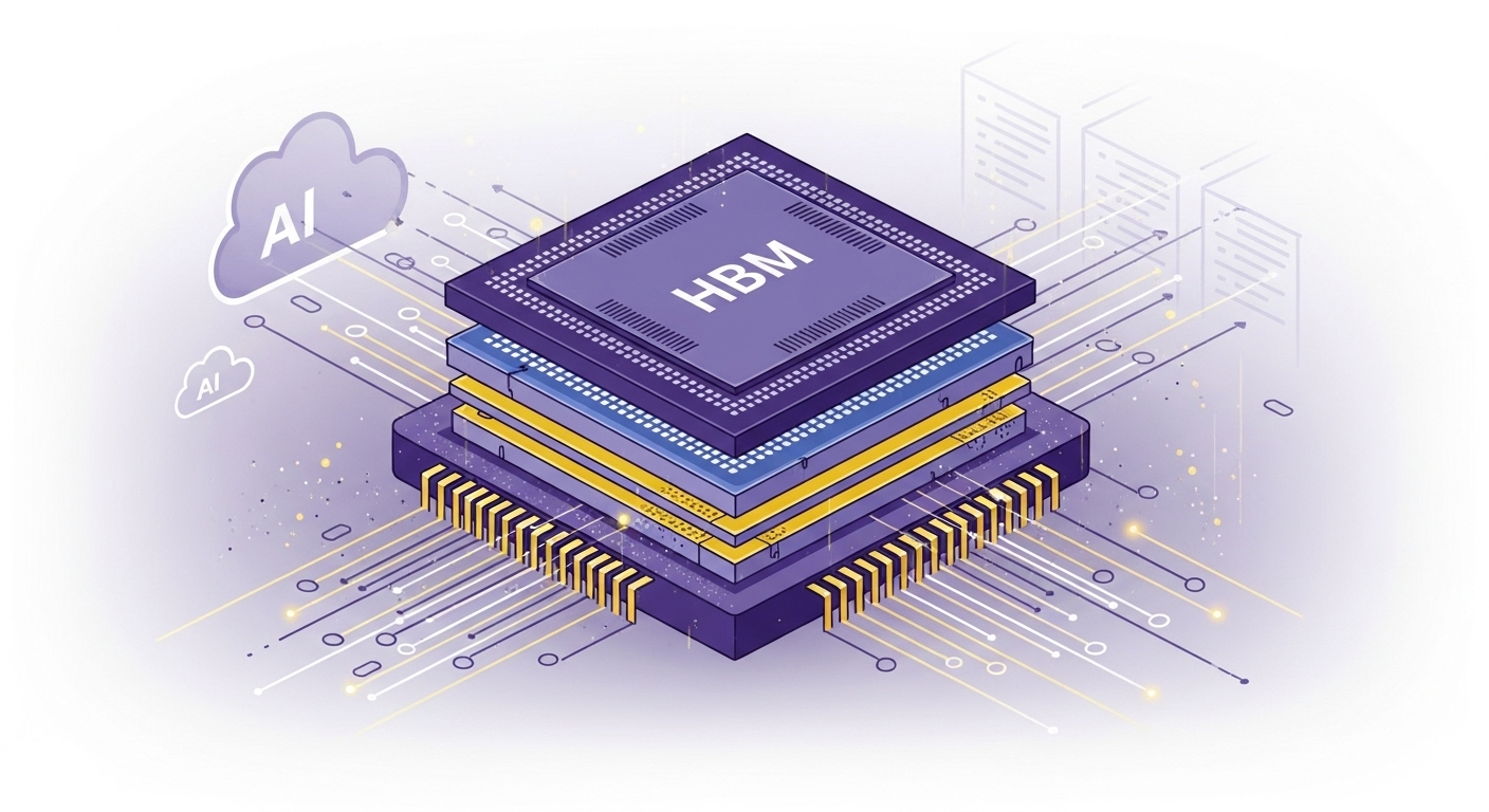 여러 층으로 쌓인 HBM(고대역폭 메모리) 칩과 빠른 데이터 흐름을 상징하는 추상적인 이미지, AI 서버의 고성능 메모리 수요 증가를 표현.