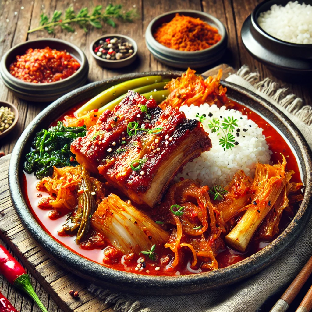 매운 돼지갈비 김치찜이 밥과 한국 반찬들과 함께 플레이팅되어 따뜻하고 풍성한 느낌을 주는 모습.