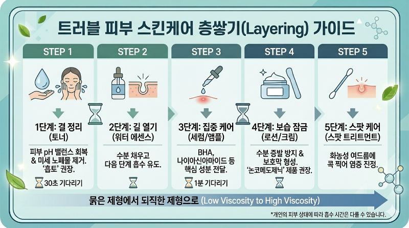 트러블 피부 스킨케어 순서, 화장품 바르는 순서, 토너 세럼 크림 스팟연고 순서, 레이어링 가이드