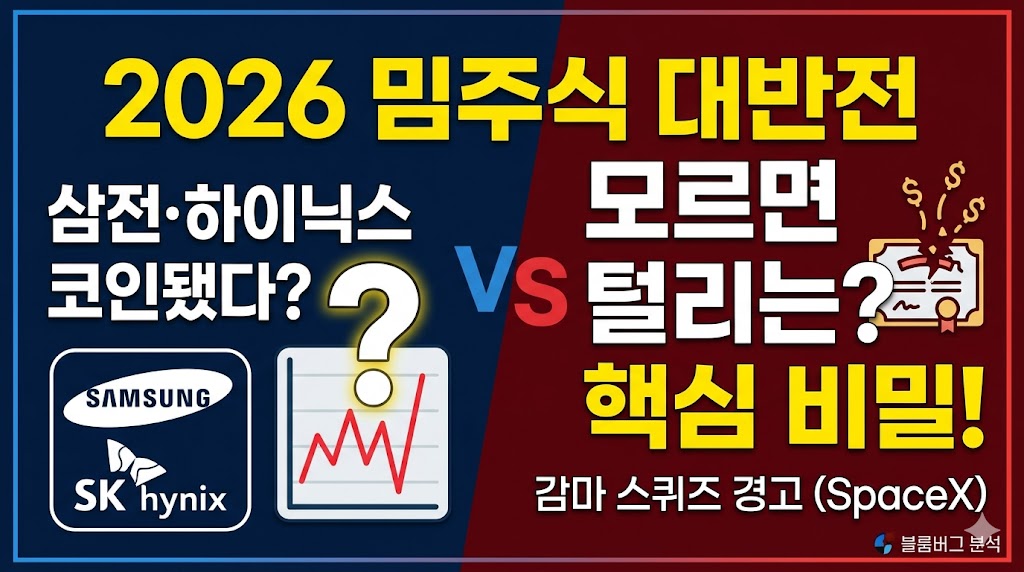 "2026 밈주식 대반전, 삼전 하이닉스 코인됐다와 모르면 털리는 핵심 비밀 비교 분석, 스페이스X 및 감마 스퀴즈 경고 블룸버그 칼럼 기반 티스토리 SEO 최적화 썸네일 이미지