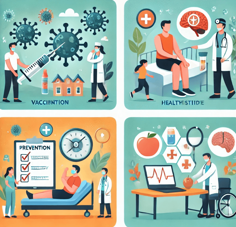 예방 및 관리 : 백신 접총, 건강한 생활 방식, 조기 개입, 모니터링 및 재활에 대한 이미지.