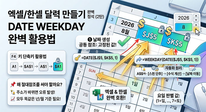 엑셀/한셀 달력만들기 2탄_DATE 함수 및 날짜 자동 완성