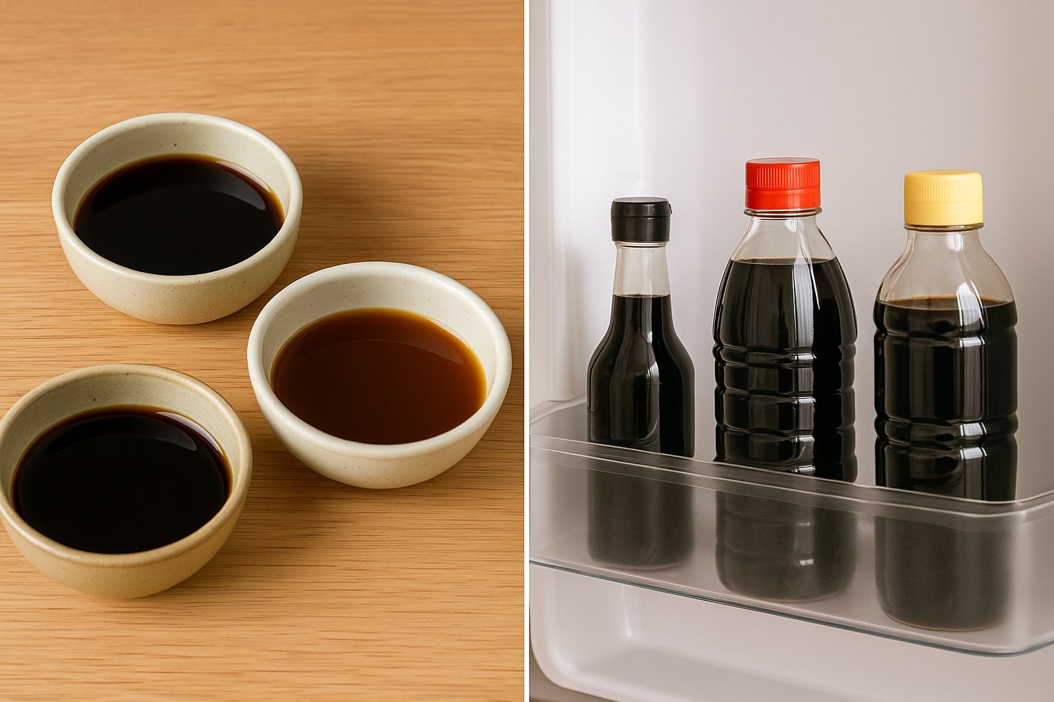 밀봉되지 않은 간장과 냉장고에 보관된 간장을 비교한 장면