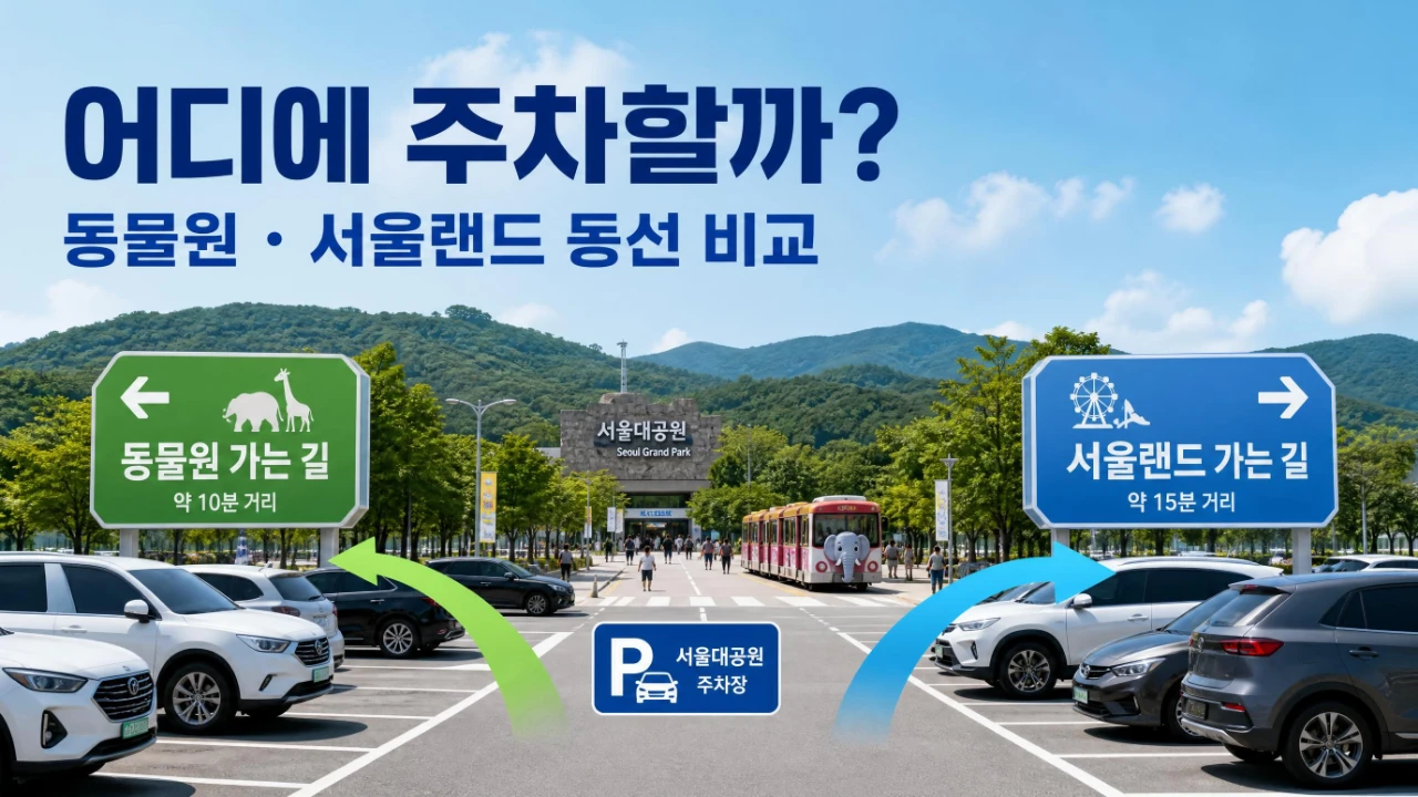서울대공원 주차장에서 동물원과 서울랜드 방향으로 이동하는 동선 안내 이미지