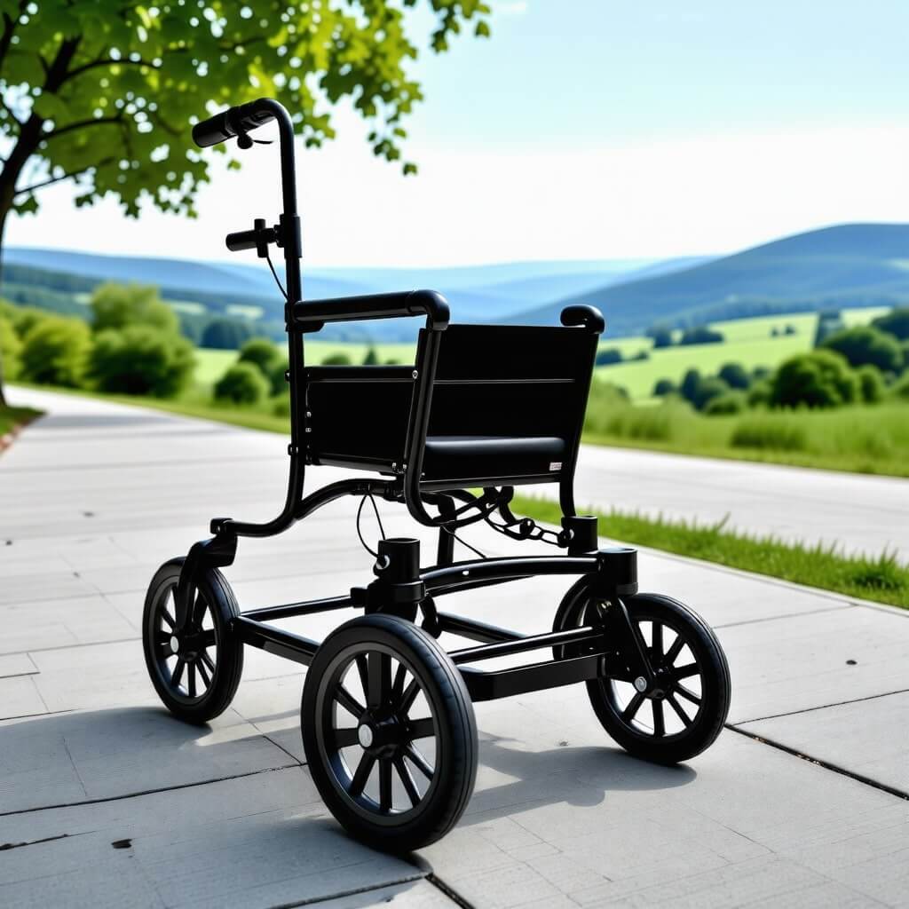 현대적인 디자인의 실버카가 도로를 주행하는 모습. 배경에는 푸른 하늘과 자연 풍경이 어우러져 있어 편안한 느낌을 줌.