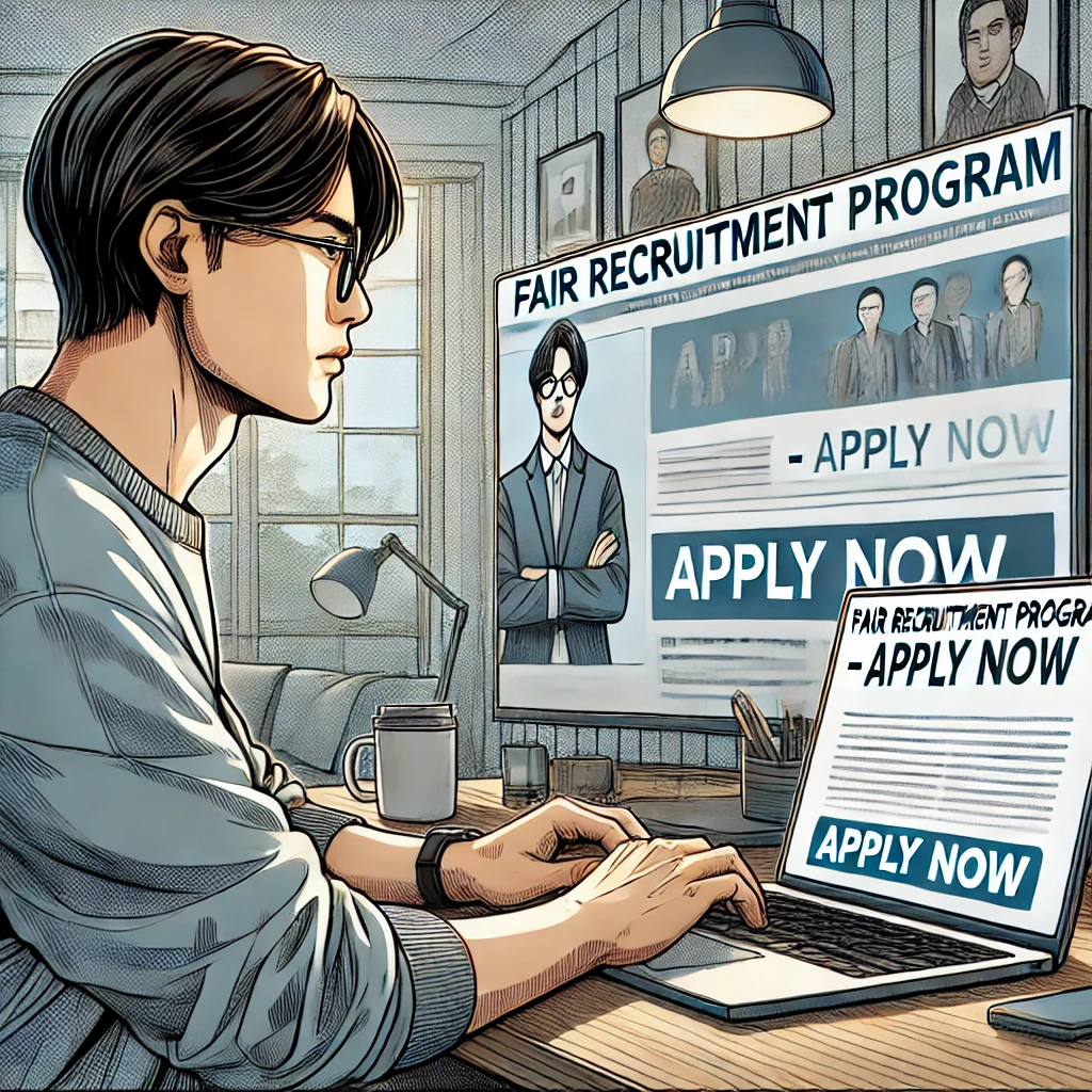 지원자가 노트북을 통해 공정채용 교육 프로그램에 신청하는 모습