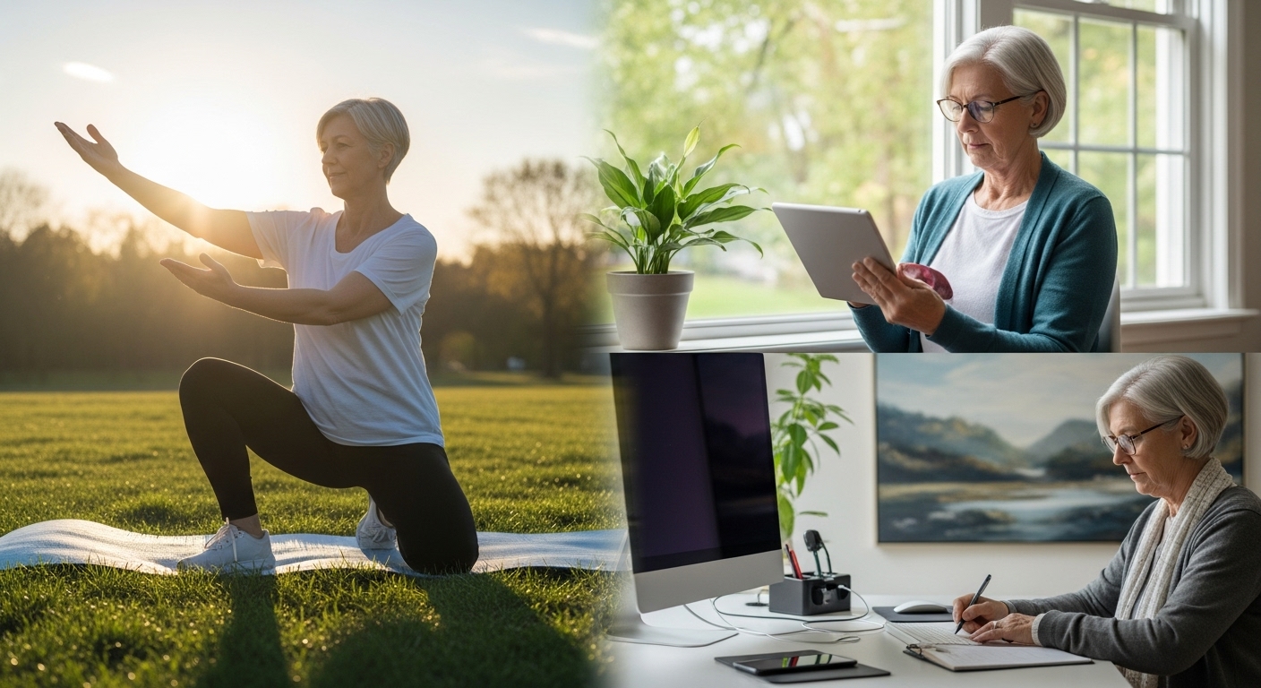 정년 연장에 대비해 자기계발과 건강 관리에 힘쓰는 활기찬 중장년층의 모습