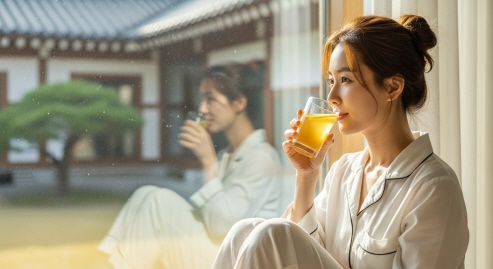 창문 옆에서 레몬 물 마시는 여성