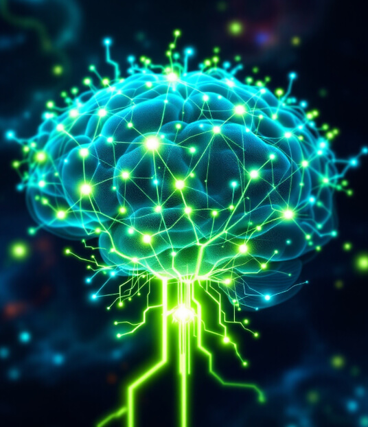 빛나는 신경망으로 구성된 뇌 모양의 디지털 아트. 초록색과 파란색 네온 라인들이 복잡하게 연결되어 있어 뇌의 뉴런과 전기 신호를 형상화하고 있으며, 하단에는 데이터 흐름을 상징하는 빛나는 선이 내려오고 있는 모습.