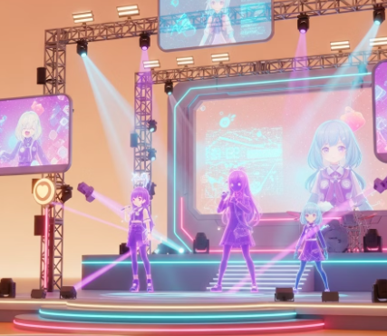 Virtual K-pop idols performing with holographic technology and AI elements showcasing the evolution of digital entertainment industry