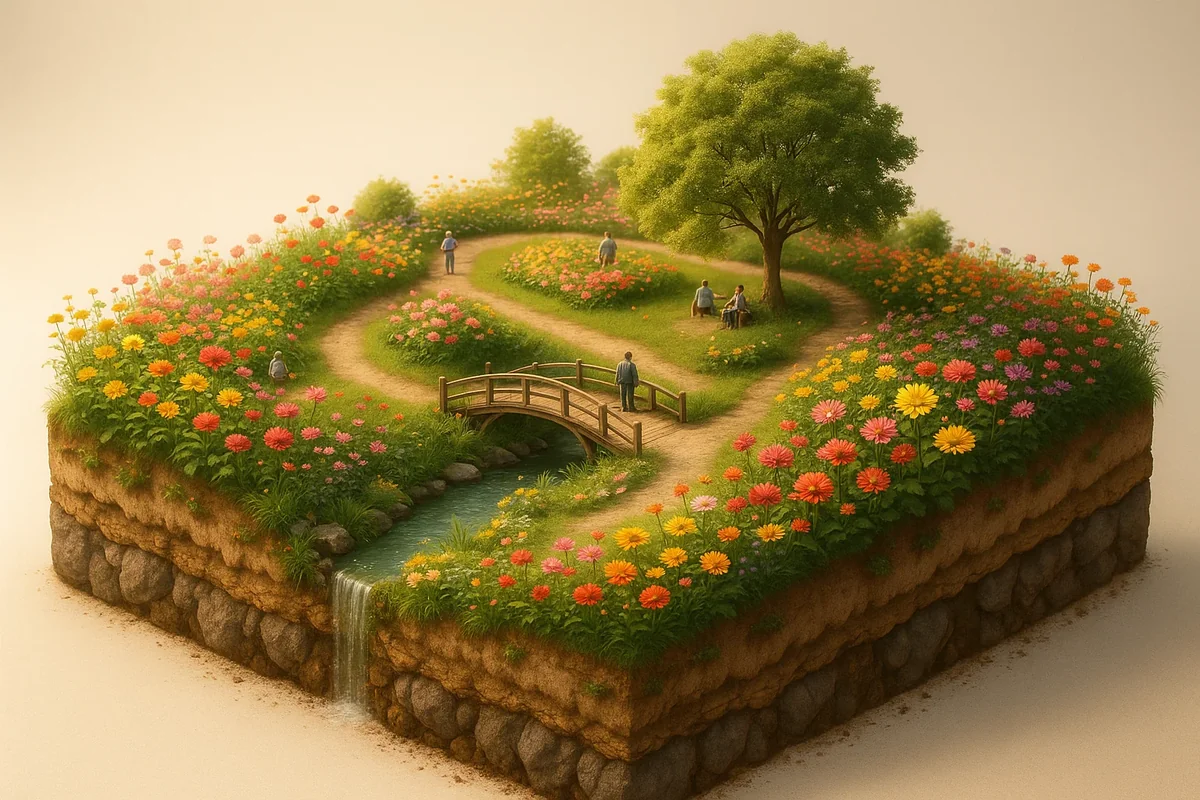꽃길과 나무가 어우러진 평화로운 정원 산책로