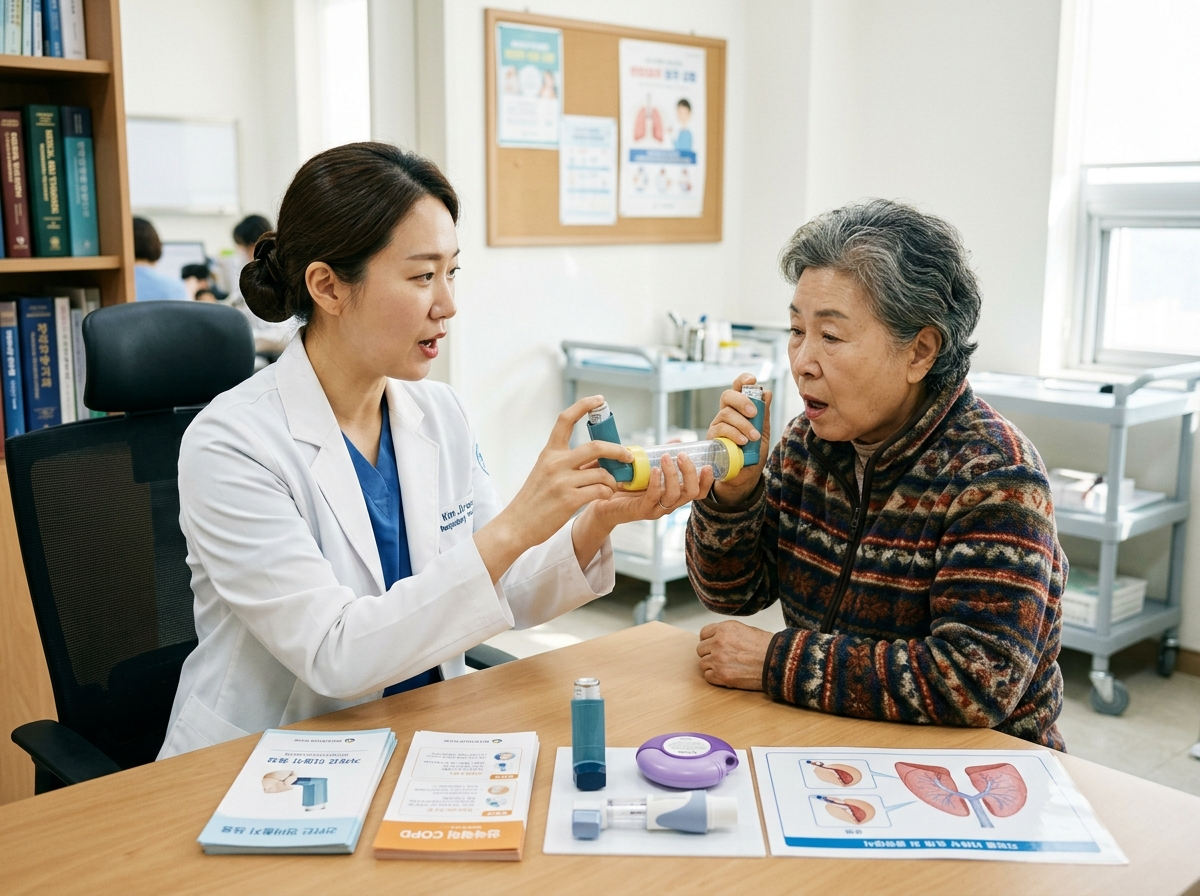한국인 의료 전문가(의사 또는 호흡치료사)가 고령 환자에게 흡입기 사용법을 직접 시연하는 교육 장면