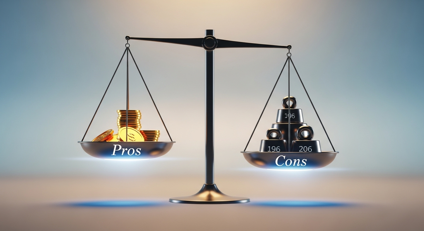 장점과 단점이 균형을 이루는 저울 그림, 신중한 의사결정의 필요성 강조.