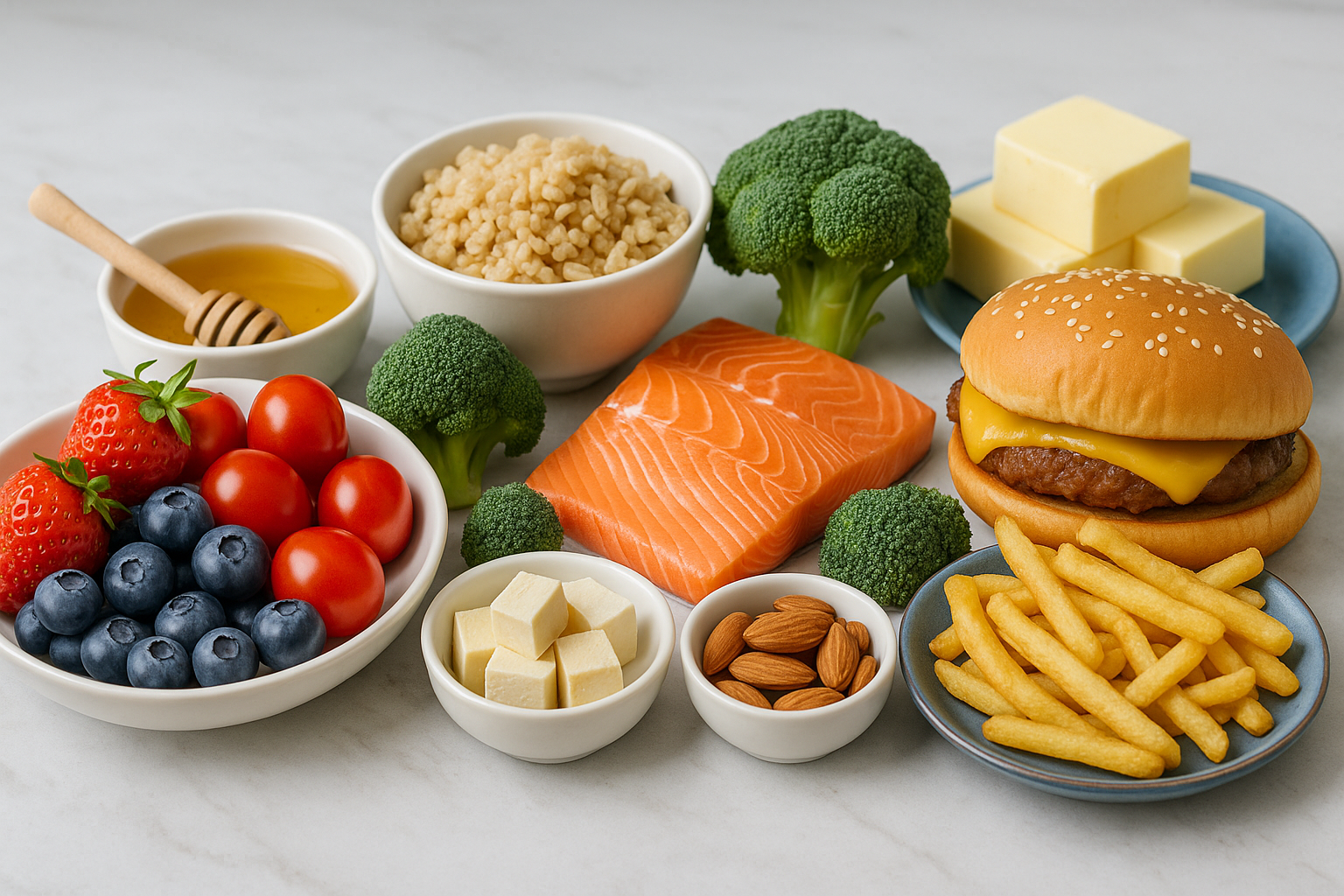 고지혈증 예방을 위한 건강한 식단 — 연어, 아몬드, 브로콜리, 블루베리 등 건강식과 햄버거·감자튀김 등 고지방 음식의 대비 이미지