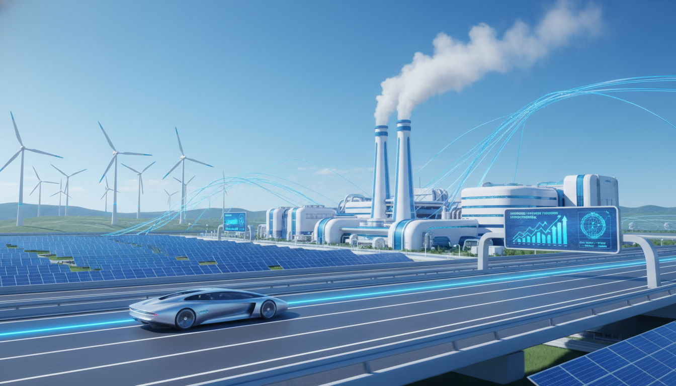 2026년 급성장하는 수소 경제의 미래를 상징하는 이미지. 수소차, 청정 수소 생산 공장, 재생에너지가 조화롭게 어우러진 역동적인 모습.