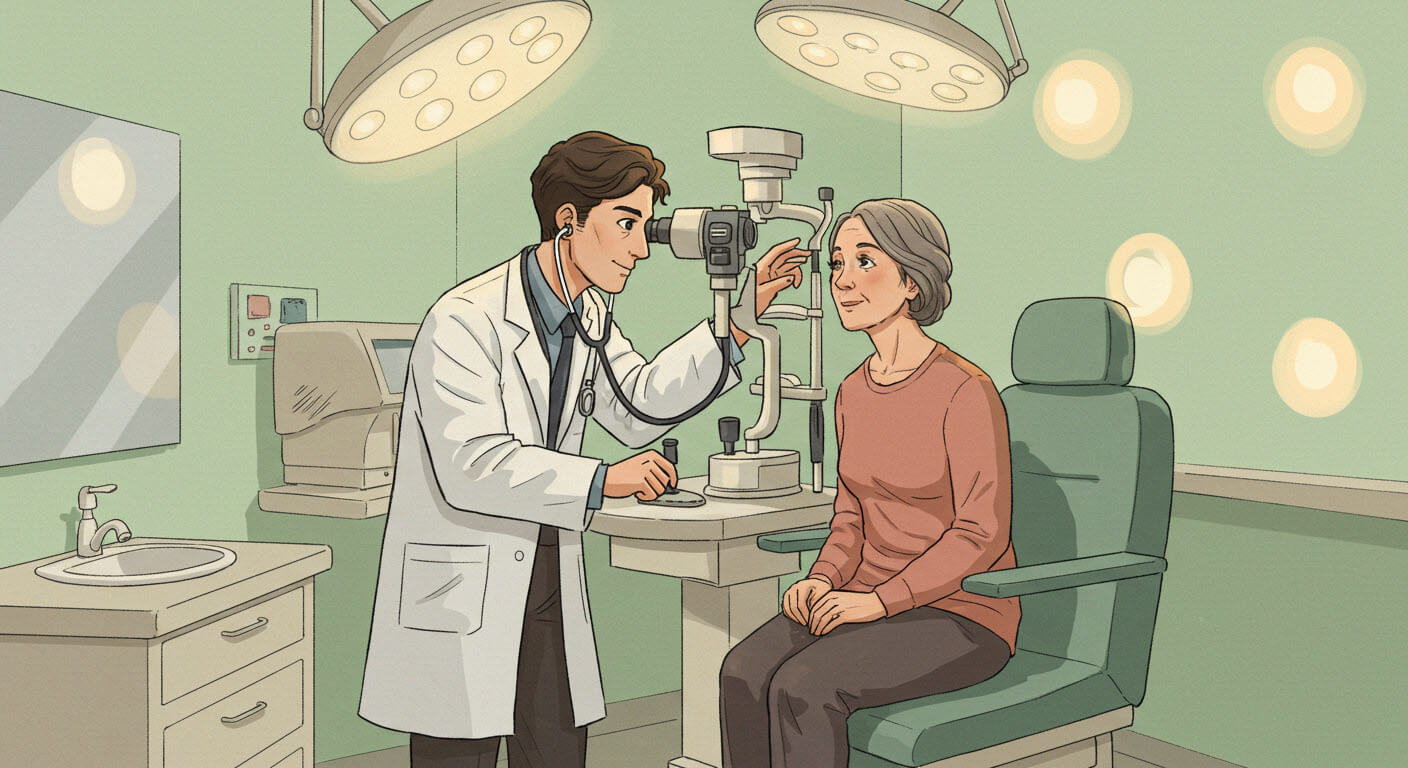 의사가 중년의 여성의 누을 검사하고 있는 삽화