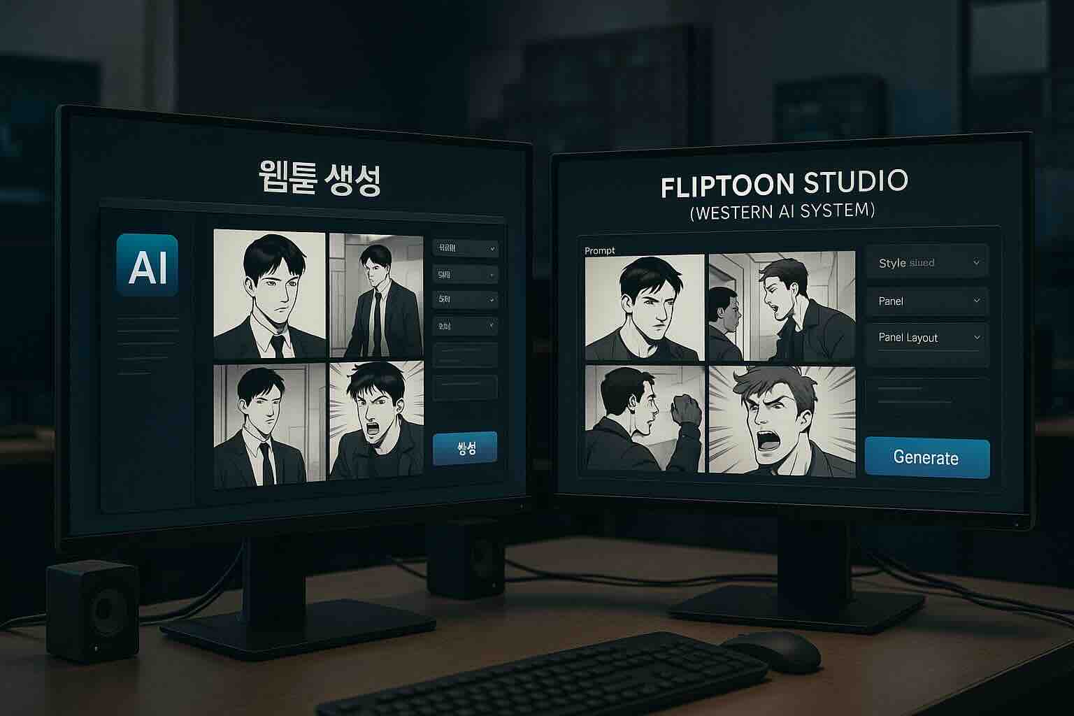 한국과 글로벌 AI 웹툰 제작 도구의 경쟁 장면