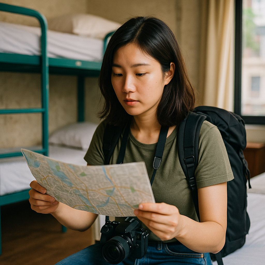 호스텔 방 안에서 배낭과 카메라를 지닌 20대 여성이 지도를 펼쳐 들고 목적지를 살피는 모습