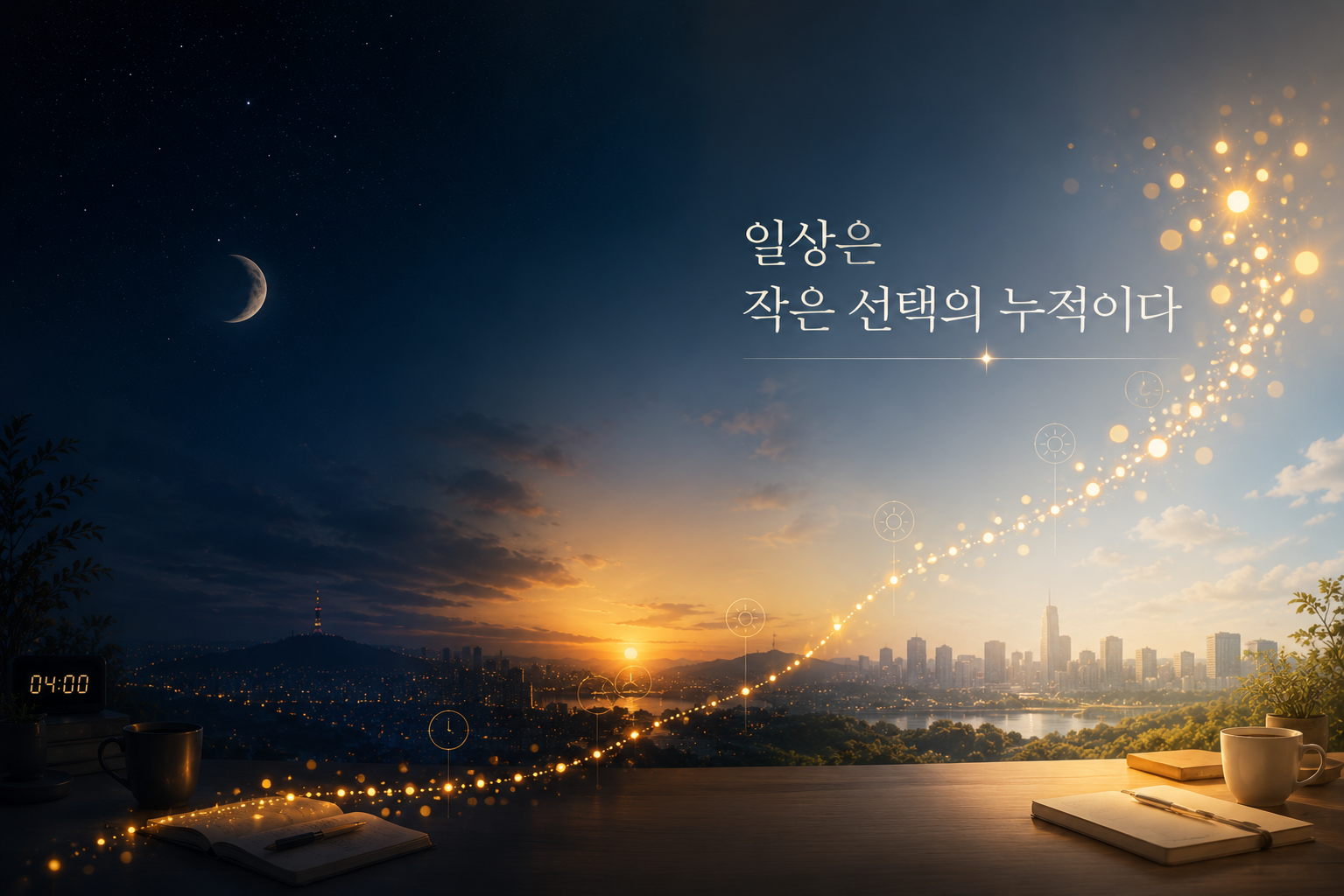 새벽의 어두운 밤에서 밝은 해로 변하는 시간의 흐름.
황금색 점들이 나선형으로 상승하며 "작은 선택의 누적"을 표현.
창가 책상 장면과 도시 야경, 시계 아이콘들로
"일상은 작은 선택의 누적이다"는 메시지를 시각화한 이미지.
