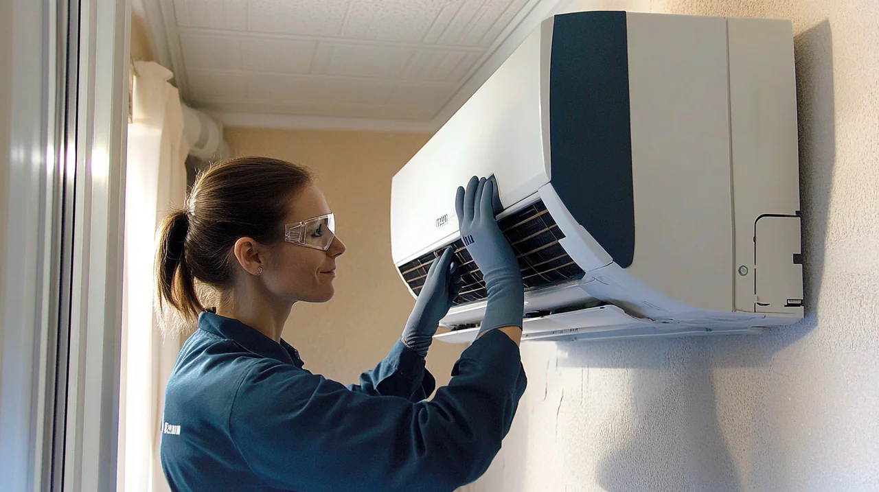 친절한 기술자가 세련된 디자인의 에어컨의 유지 보수를 정성껏 진행하며, 신뢰성과 정확성을 강조합니다. 차분하고 부드러운 조명이 쾌적한 환경을 조성하며, 최적의 성능을 보장합니다.