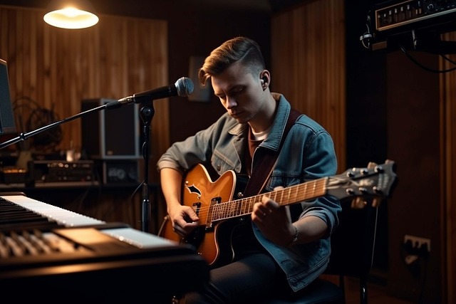 키보트가 앞에 있고 기타를 치고 있는 남자 이미지