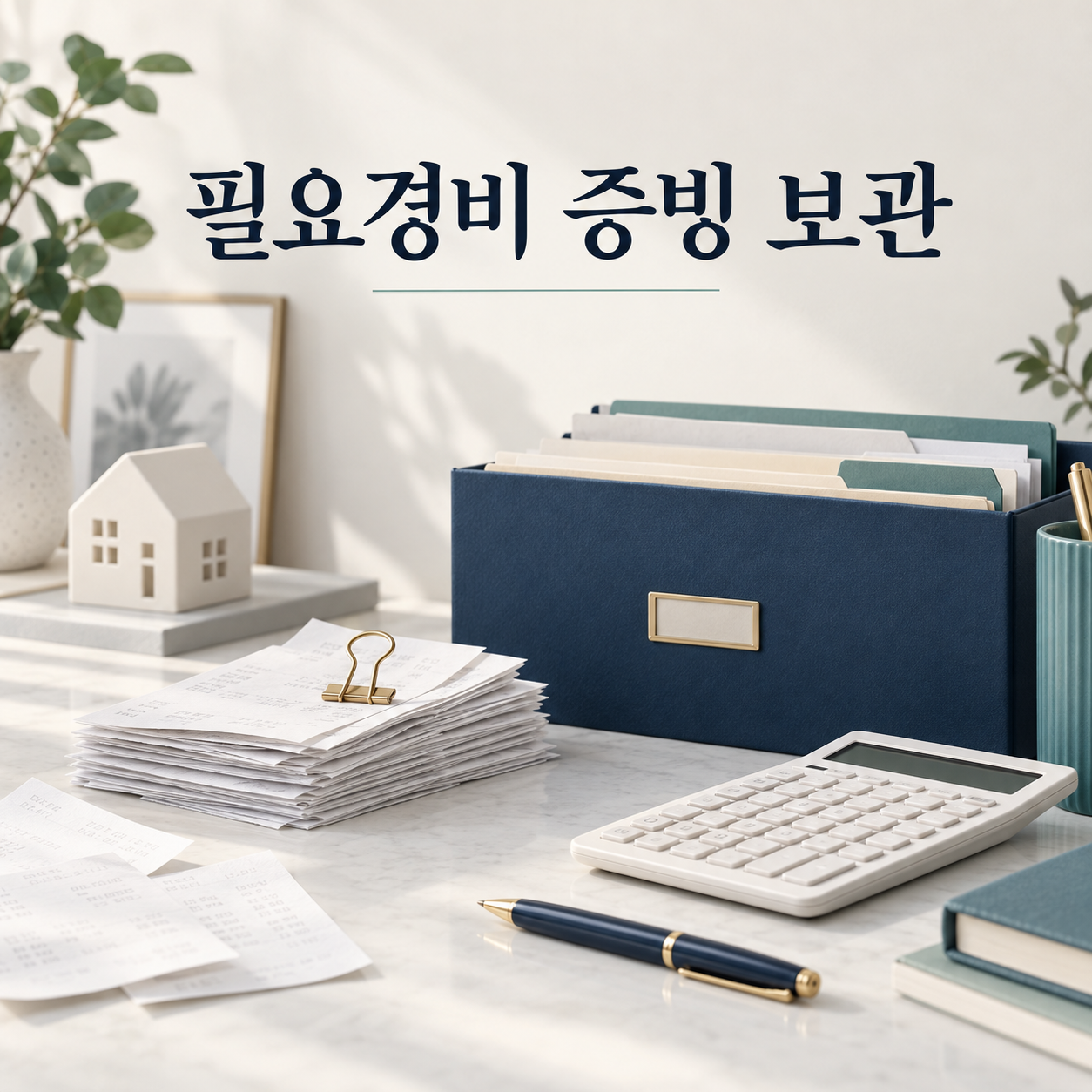 필요경비 증빙을 보관하는 서류함과 계산기