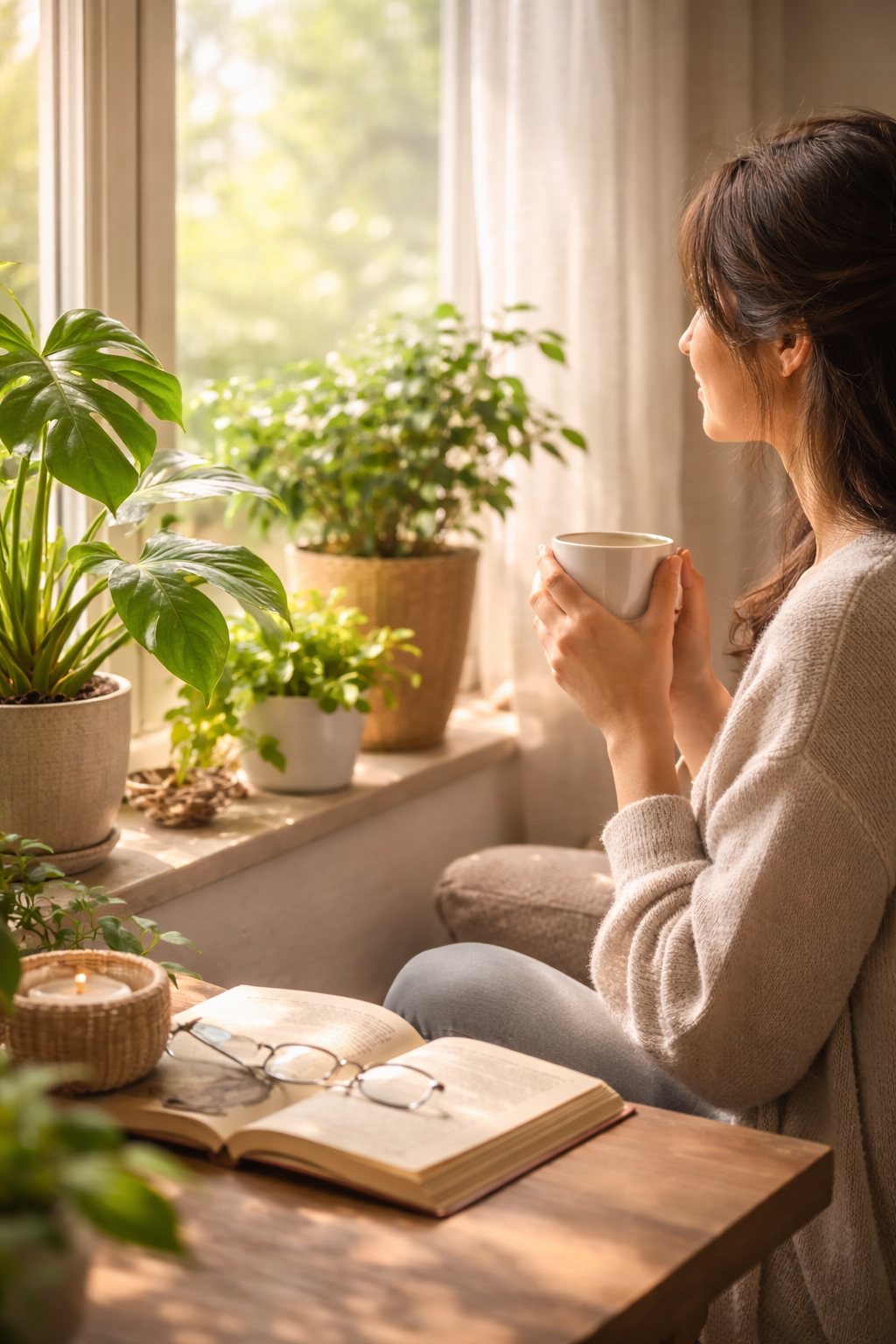 햇살드는 창가에서 식물을 보며 커피를 마시는 여성 사진