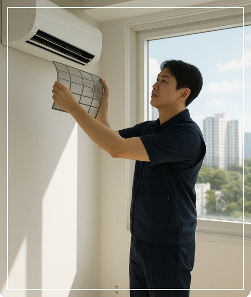 전라북도 정읍의 아파트에서, 벽걸이형 에어컨 필터를 분리해 청소 중인 전문가의 모습. 창밖으로는 정읍 도심 풍경이 펼쳐진 쾌적한 여름 대비 장면입니다.