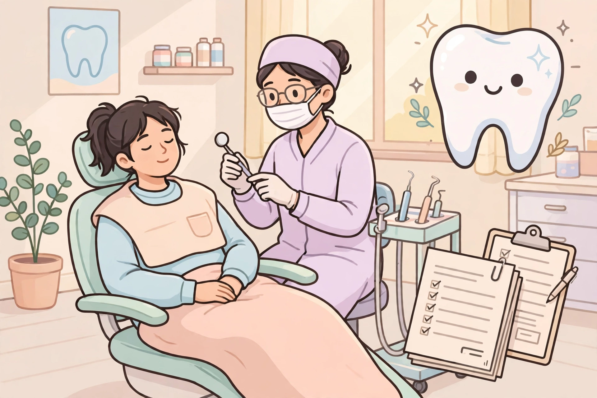 치과 진료실에서 치료받는 환자와 치아보험 청구 서류 일러스트