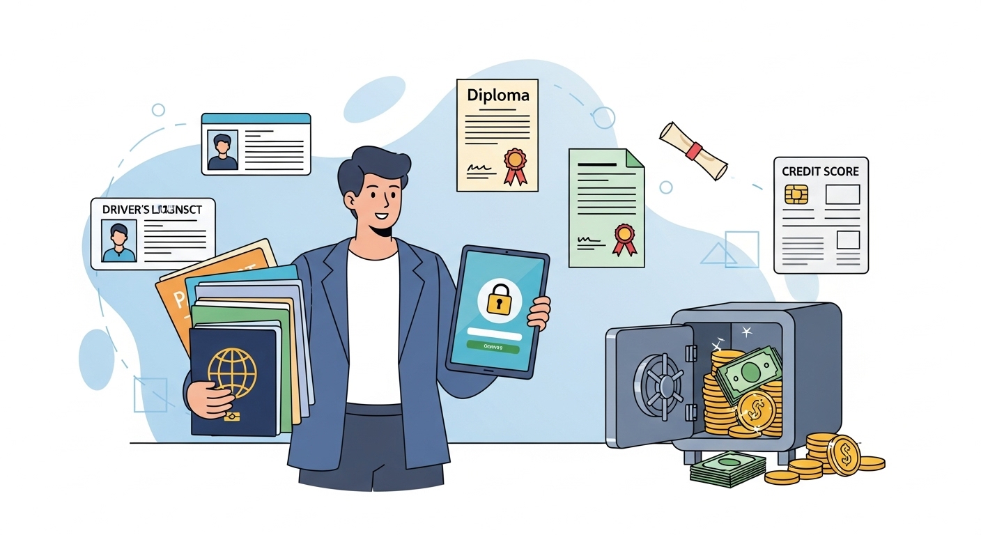 필요한 서류와 신분증을 들고 안전하게 로그인하는 사람의 모습. 지원금 신청 준비를 의미하는 문서와 장치들이 주변에 놓여 있다.