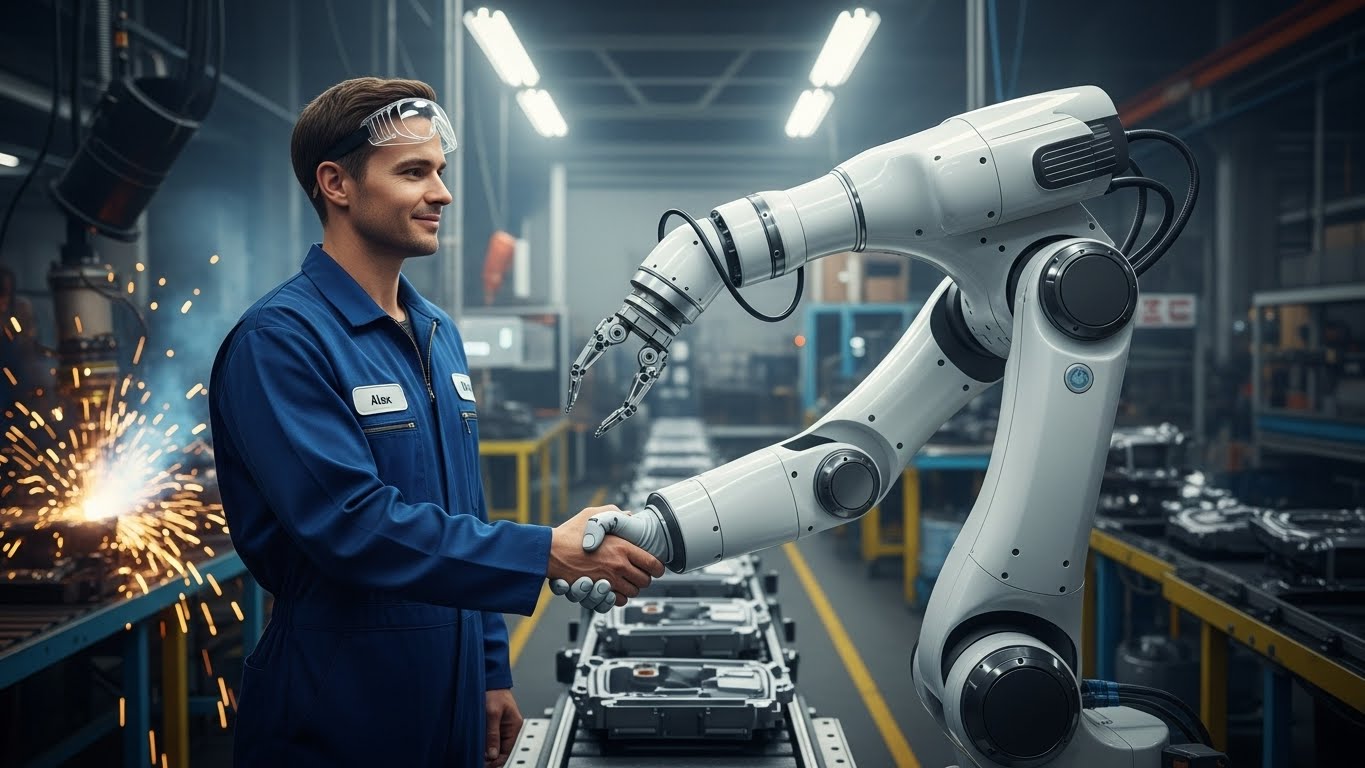 A human in blue work clothes and a white robot arm standing side by side and shaking hands on a factory assembly line. (Symbolizing cooperation and coexistence)