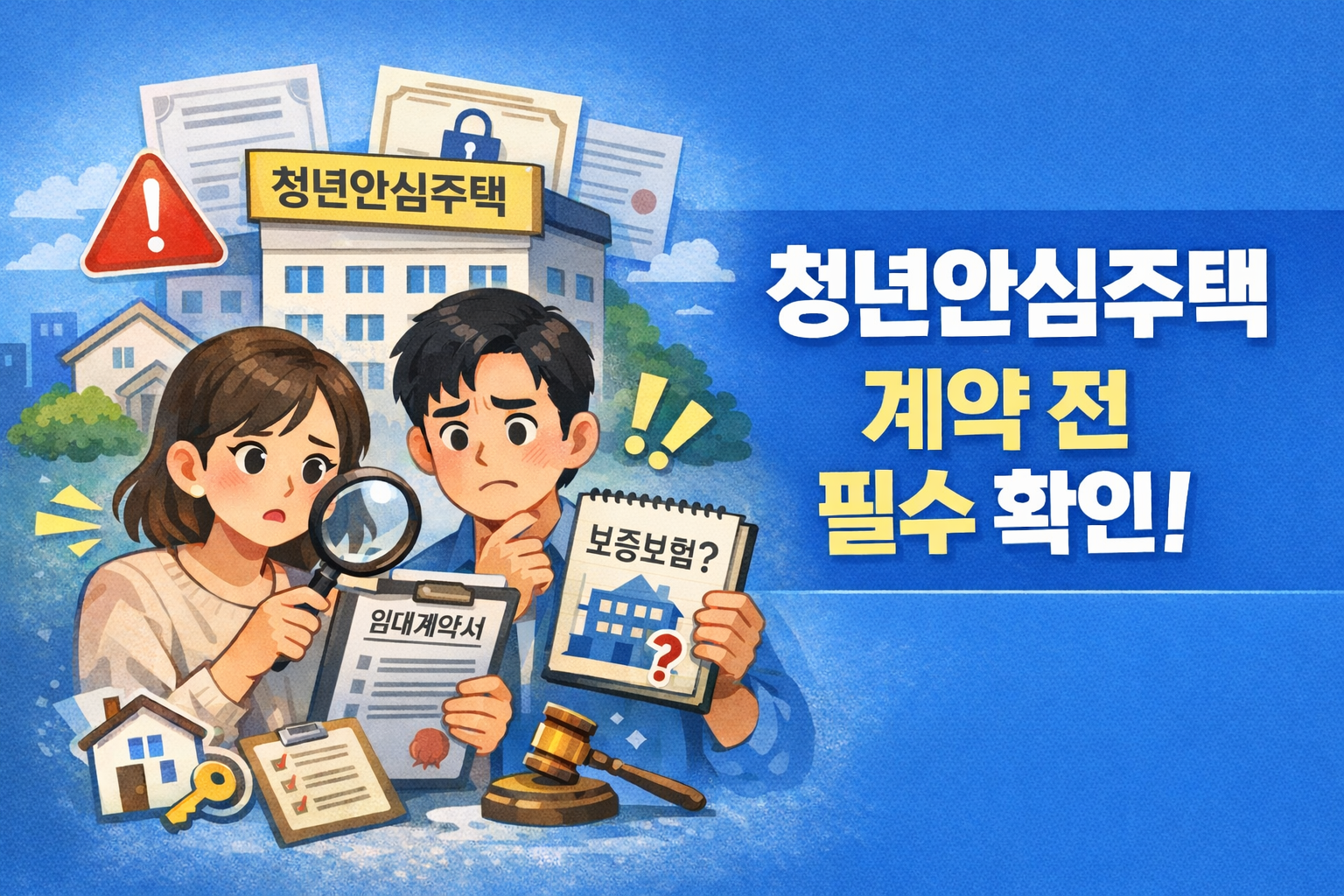 청년안심주택 계약 전 확인사항, 임대계약서와 보증보험 체크하는 청년 이미지
