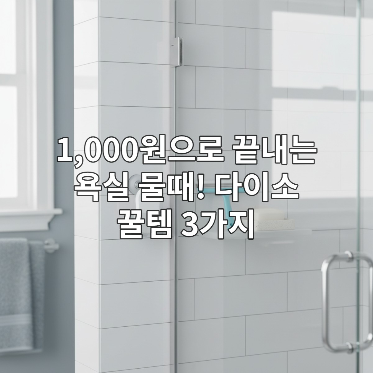 다이소에서 구매할 수 있는 욕실 물때 방지 꿀템 3가지 - 흡착식 수세미 홀더, 미니 스퀴지, 규조토 비누 받침대가 깔끔하게 정돈된 욕실 선반에 놓여있는 모습