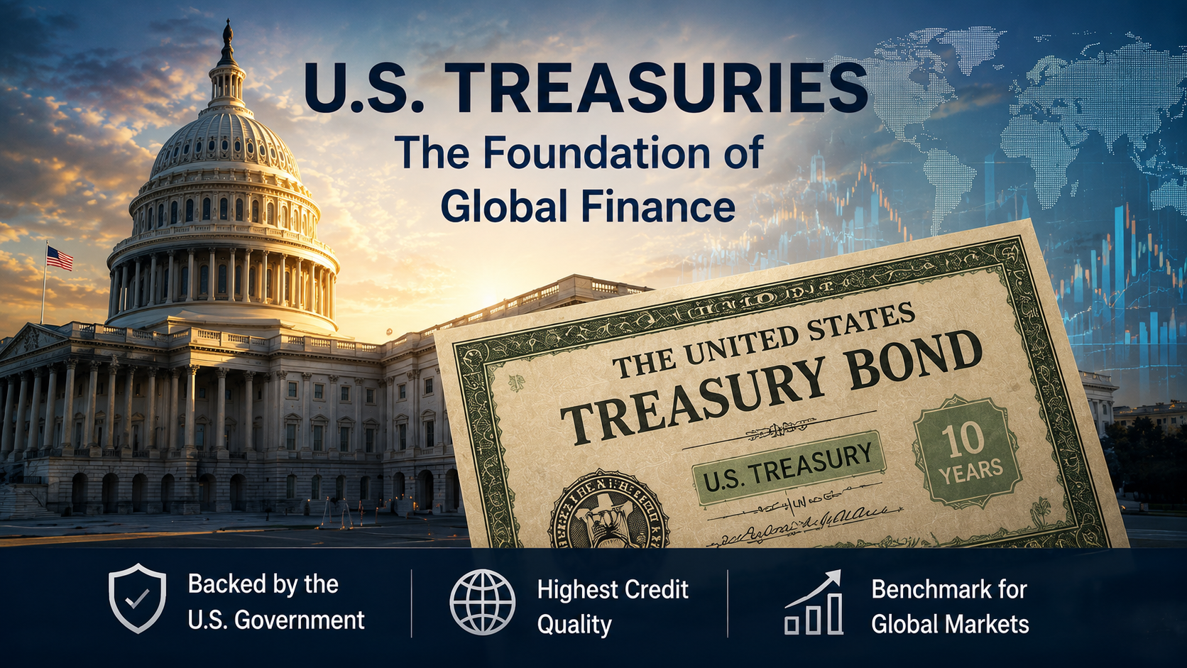 U.S. Treasury bond and Capitol building representing the foundation of global finance and the world's benchmark safe-haven asset.