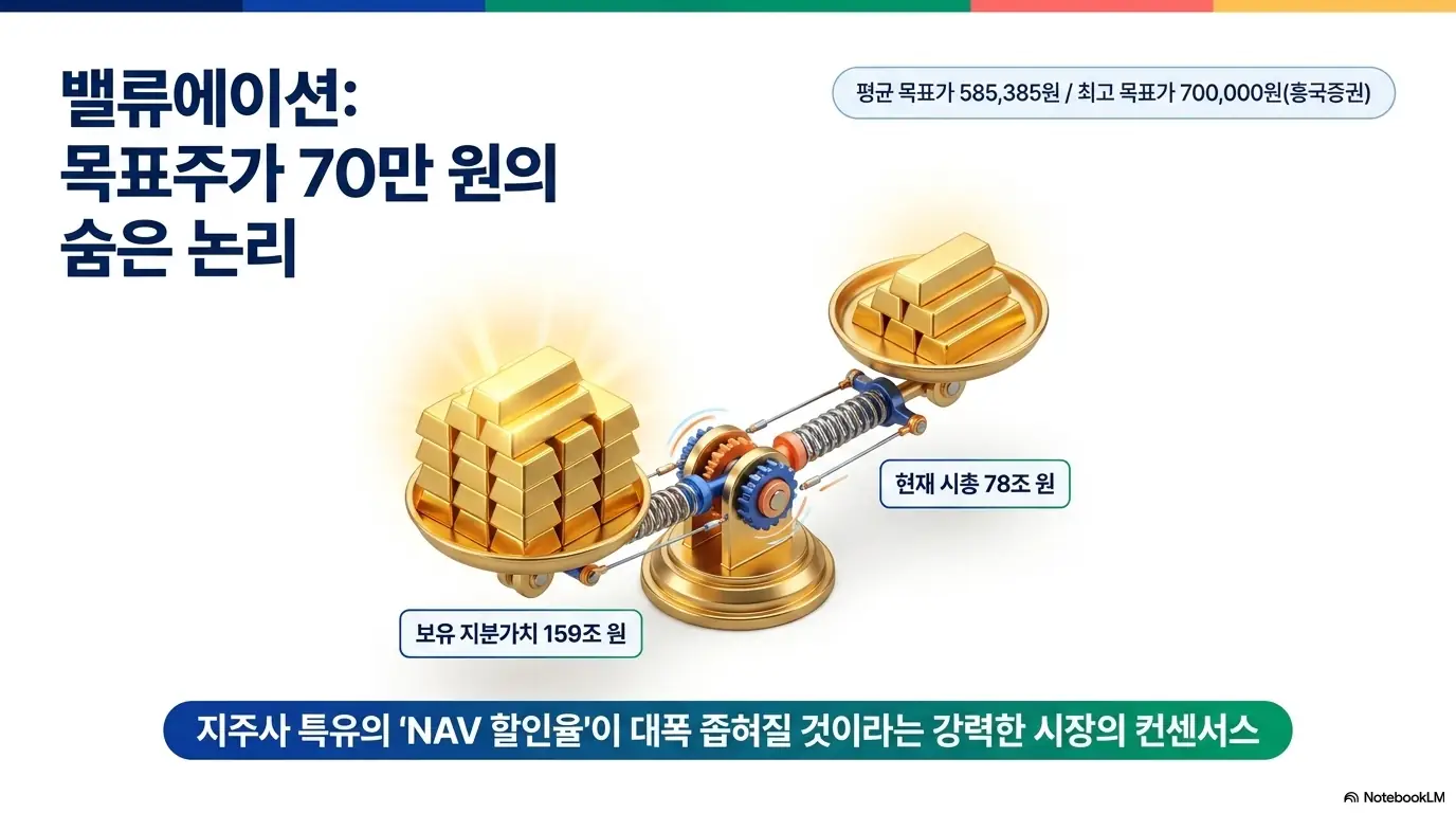 삼성물산 목표주가 70만 원의 논리를 저울로 보여주는 인포그래픽. 평균 목표가 585,385원과 최고 목표가 700,000원(흥국증권)을 제시하고, 보유 지분가치 159조 원과 현재 시총 78조 원의 격차를 통해 지주사 특유의 NAV 할인율이 좁혀질 것이라는 시장 기대를 강조하며, 블로그의 삼성물산 주가 전망과 밸류에이션 주제를 시각적으로 설명함