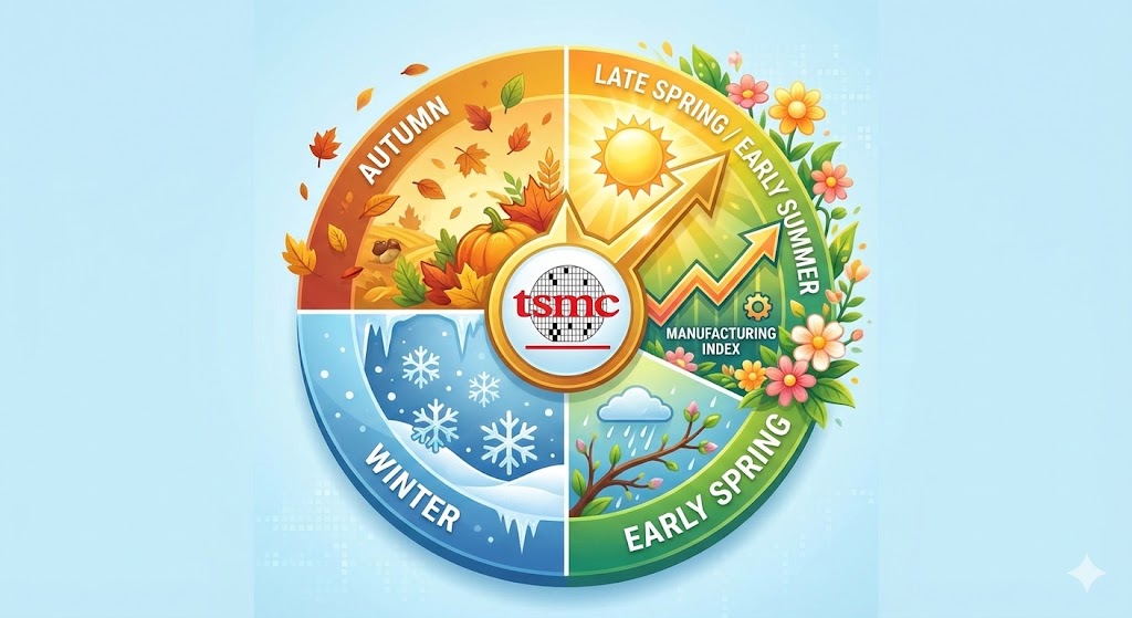반도체 사이클을 4계절로 표현한 인포그래픽. 현재 위치를 'Late Spring / Early Summer'로 표시하고 TSMC와 제조업지수 아이콘을 배치