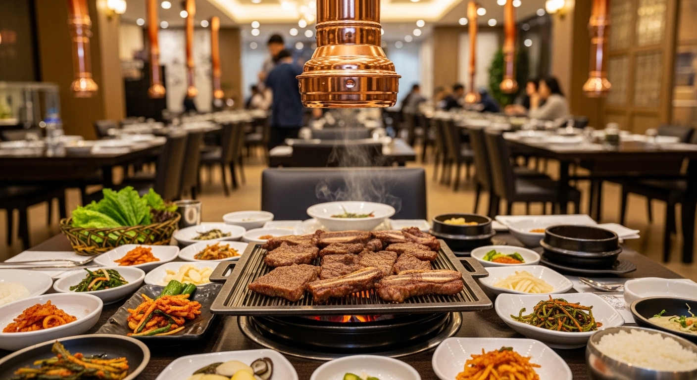 2025년 수원 가보정의 고급스러운 실내에서 숯불에 구워지고 있는 윤기 흐르는 양념갈비와 푸짐한 한정식 반찬들이 정갈하게 차려진 테이블 모습. 편안하고 만족스러운 식사 분위기를 강조.