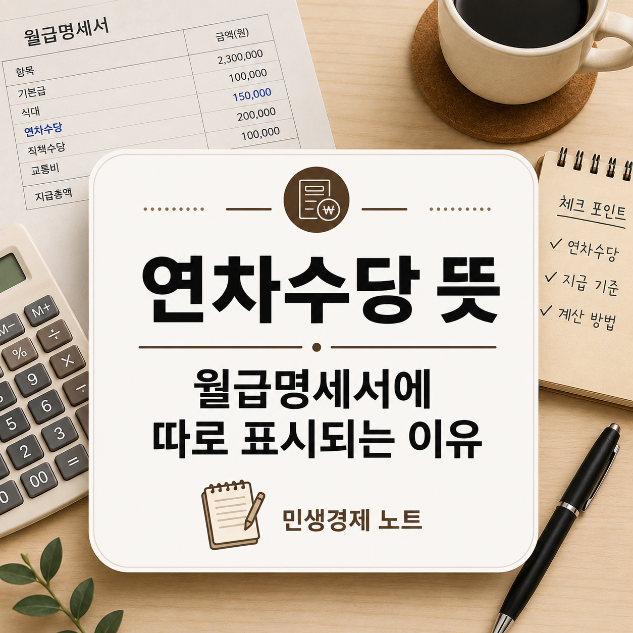 첫 월급명세서를 확인하는 사회 초년생이 연차수당과 기본급의 차이를 공부하는 생활경제 노트형 대표 이미지