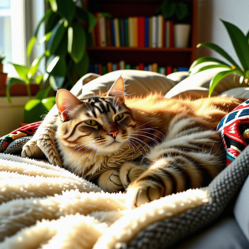 가정집 햇빛 아래 쉬고 있는 비만 고양이