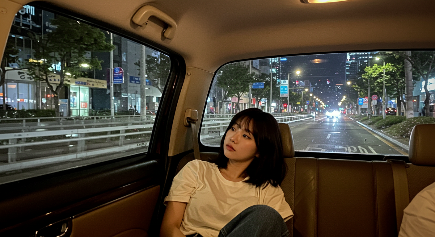 야간 택시에서 창밖을 보는 한국 여성