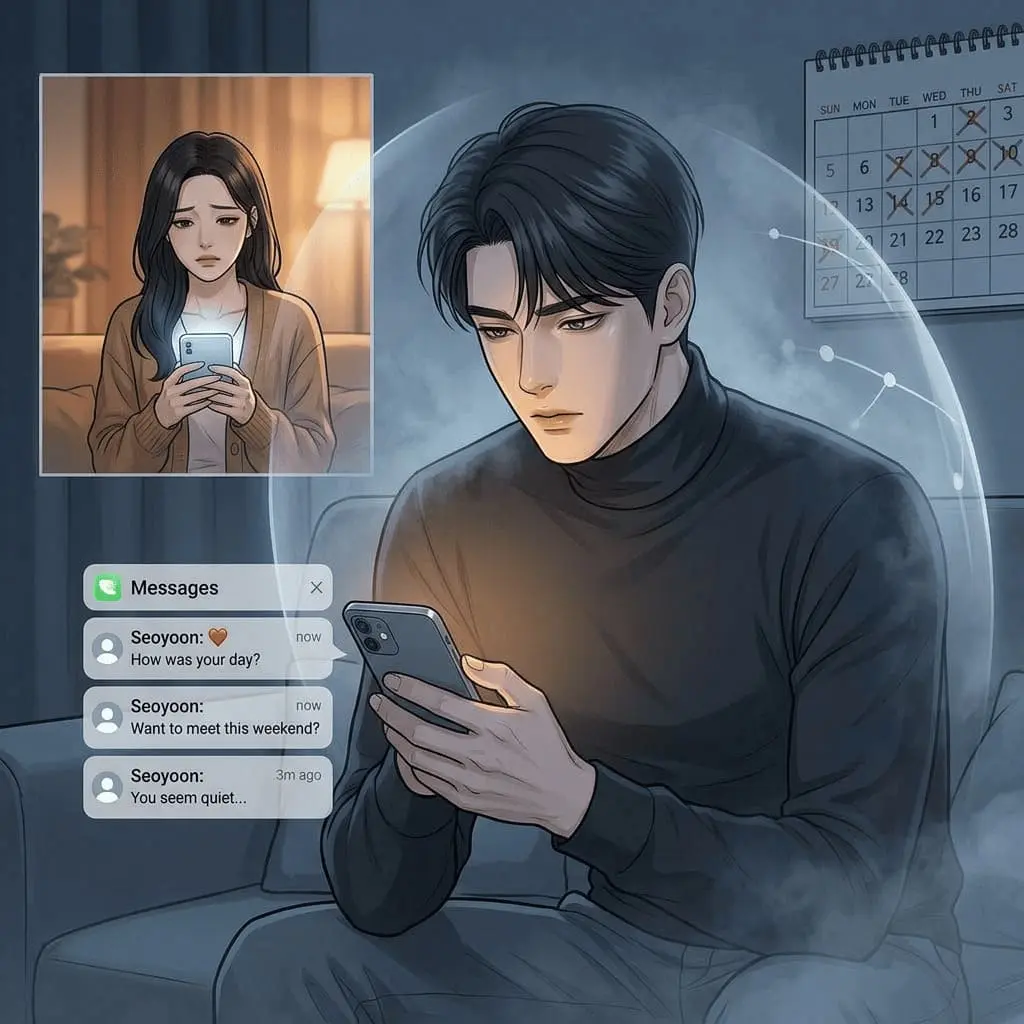 회피형 남자가 연락을 망설이며 휴대폰을 바라보는 장면(avoidant man standing alone by window at night emotional detachment)