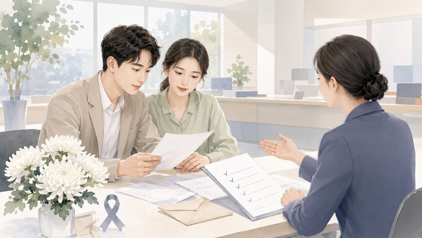 장제급여에 관해 상담 밭고 있는 젊은 커플