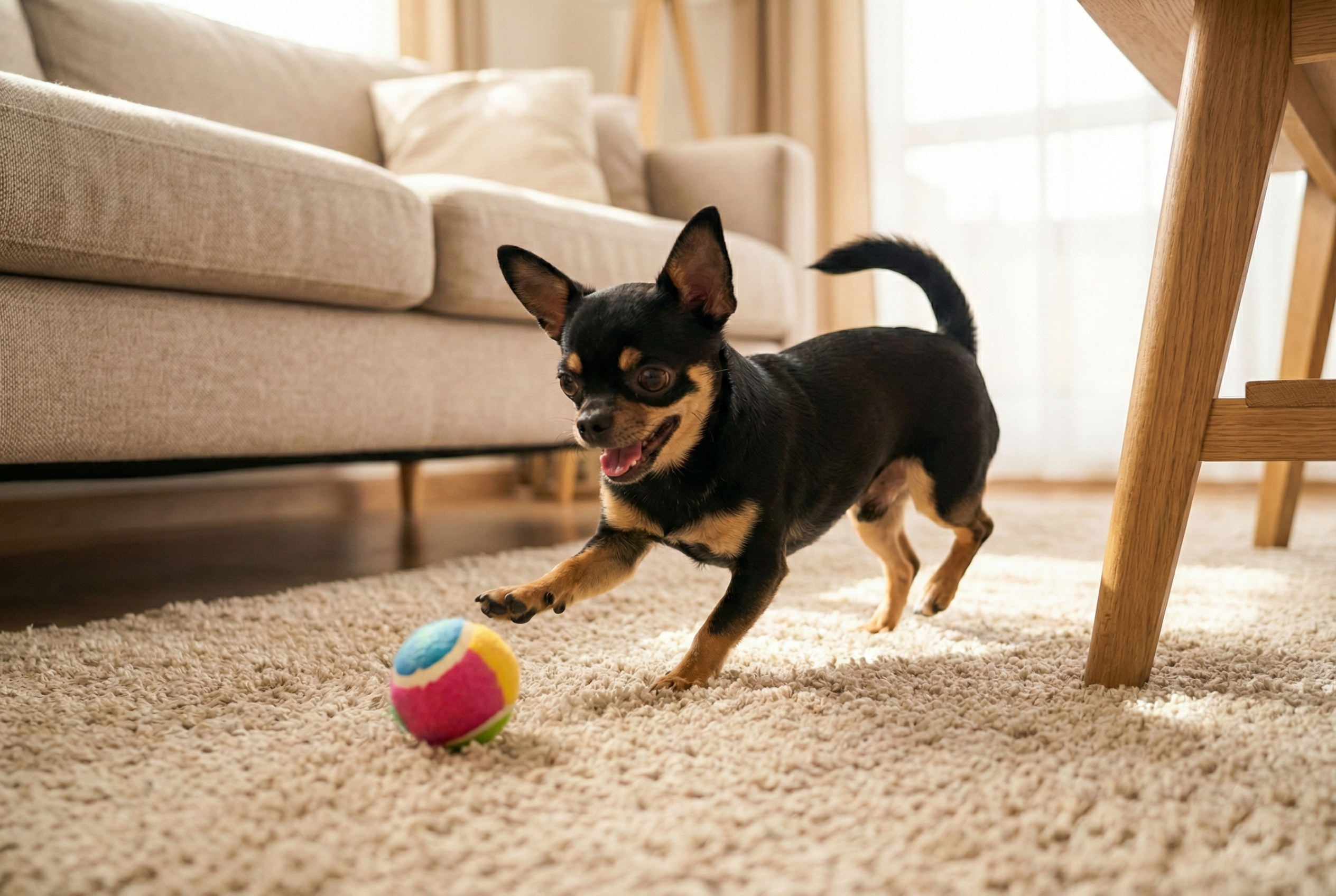 블랙탄 치와와가 거실에서 공놀이 하는 장면