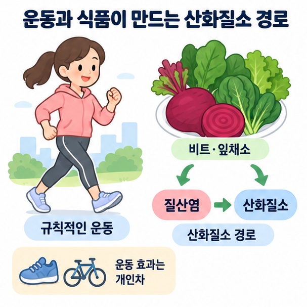 운동과 비트·잎채소의 질산염이 산화질소 경로에 연결되는 모습을 보여주는 이미지