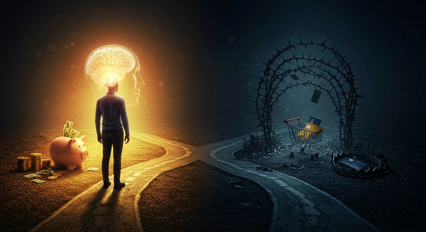 짠테크 성공을 위한 뇌과학 소비 법칙을 보여주는 이미지. 한 사람이 저축과 소비의 갈림길에서 고민하며 뇌의 경로를 시각적으로 보여준다.