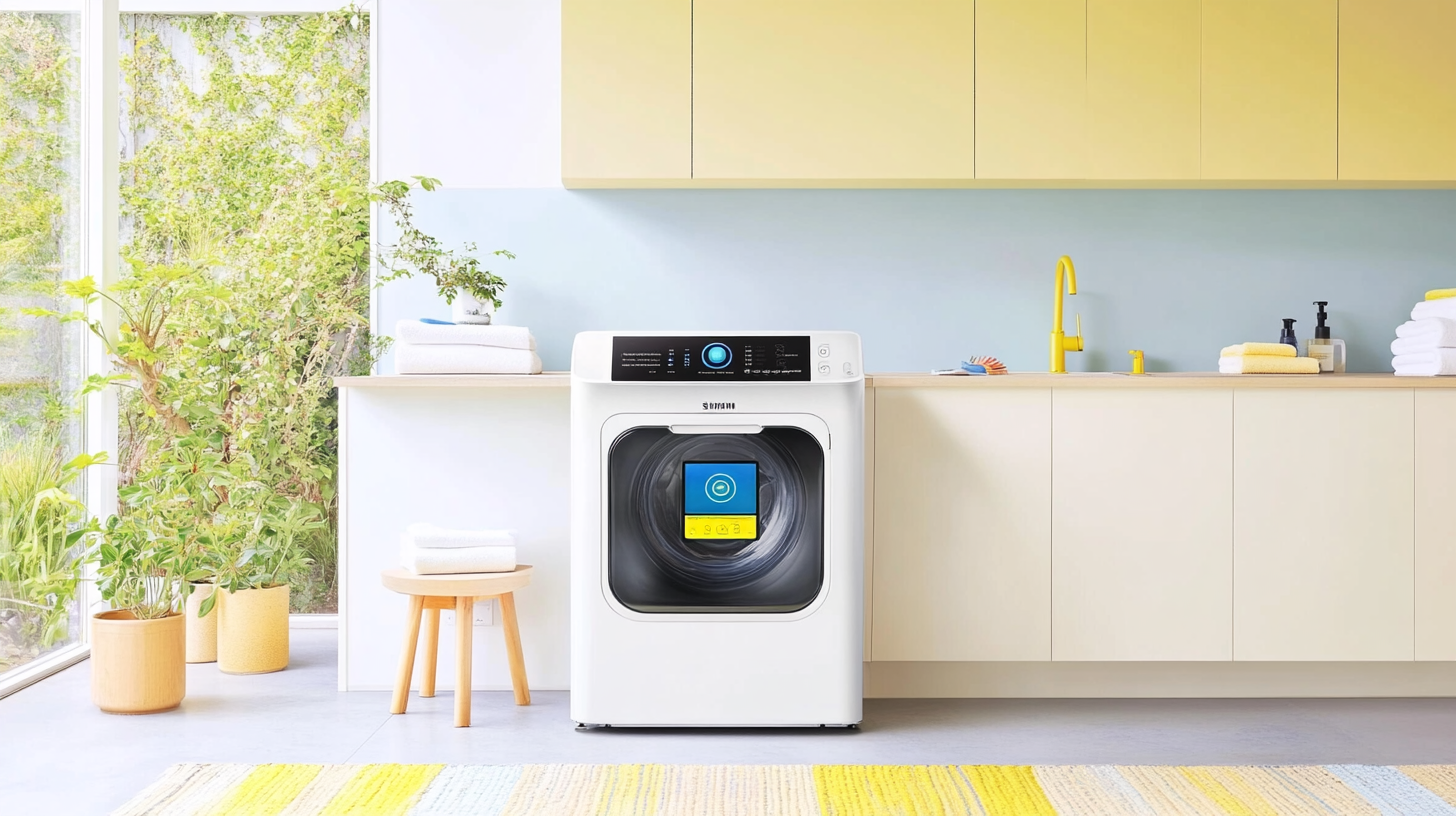 현대적인 세탁실에 놓인 삼성 그랑데 AI 세탁기 건조기, 첨단 AI 인터페이스가 장착되어 있음.